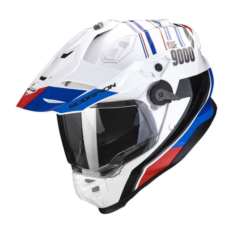 Scorpion Exo ADF-9000 Desert White Blue & Red Adventure Touring Motorcycle Helmet - New for 2023/2024 - Averys Motorcycles