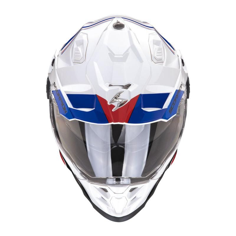 Scorpion Exo ADF-9000 Desert White Blue &amp; Red Adventure Touring Motorcycle Helmet - New for 2023/2024 - Averys Motorcycles