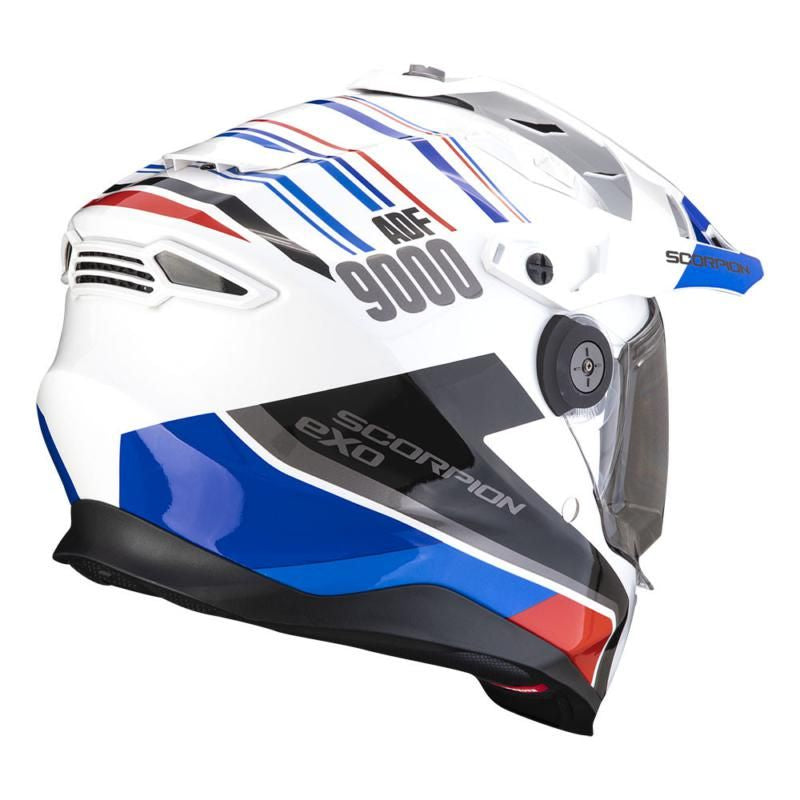 Scorpion Exo ADF-9000 Desert White Blue & Red Adventure Touring Motorcycle Helmet - New for 2023/2024 - Averys Motorcycles