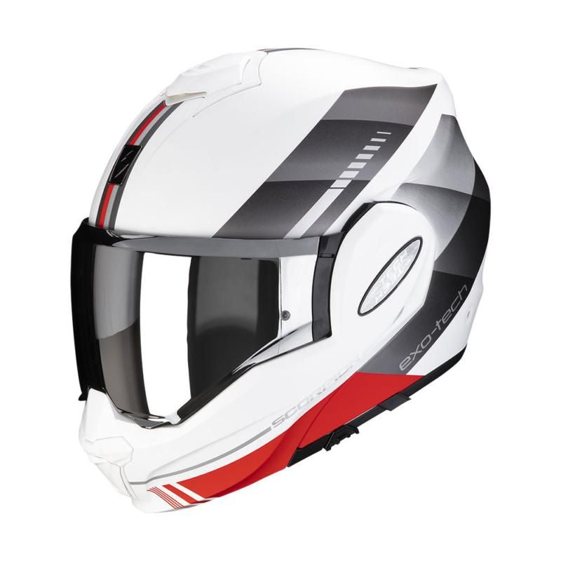 Scorpion Exo Tech Genre White Silver &amp; Red Evo Flip Front Motorcycle Helmet - New for 2023/2024 - Averys Motorcycles