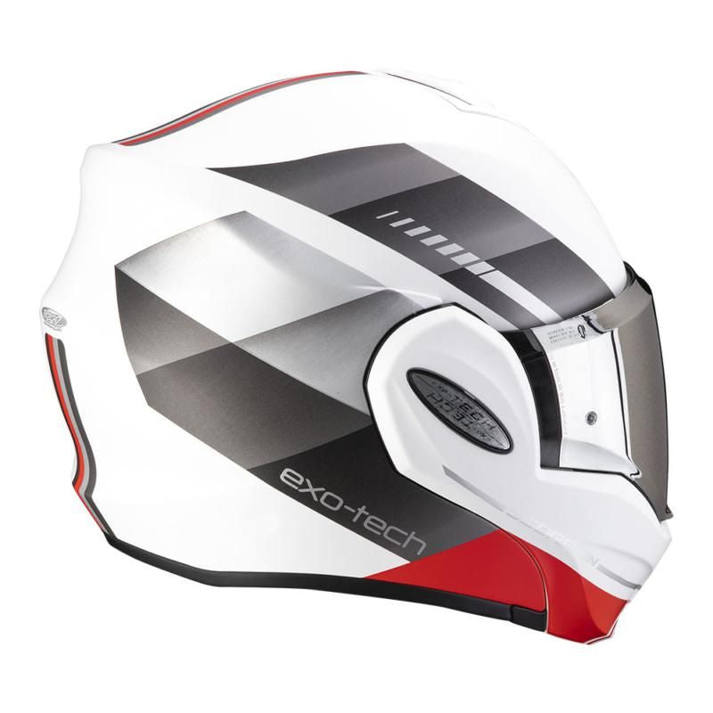 Scorpion Exo Tech Genre White Silver &amp; Red Evo Flip Front Motorcycle Helmet - New for 2023/2024 - Averys Motorcycles